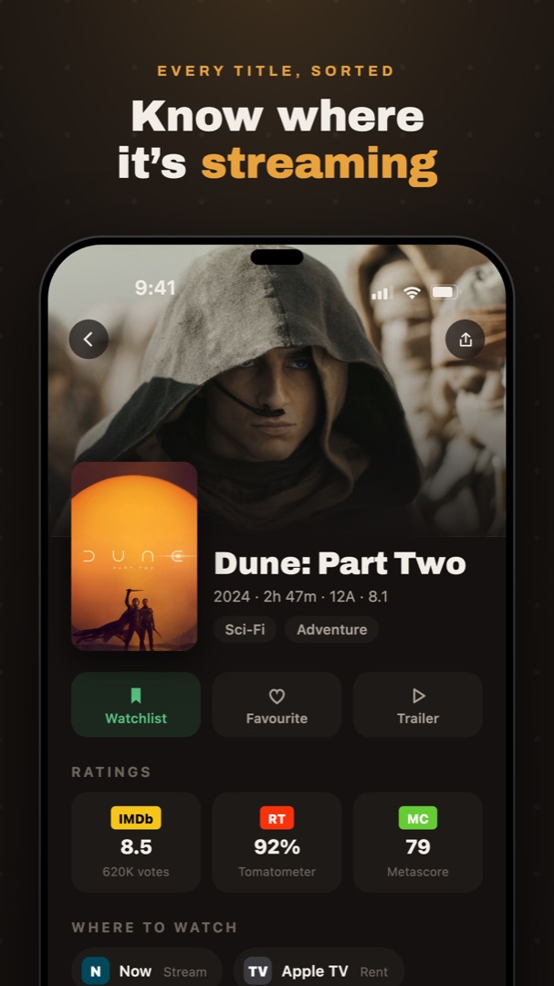 Title page for Dune: Part Two with ratings and where to watch